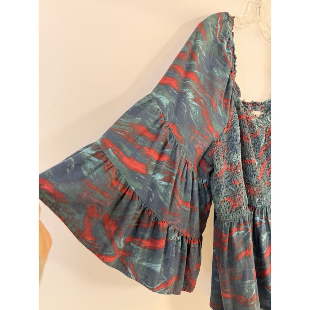 Terra & Sky Blouse Womens 3X 24/26 Blue Red Smocked Short Bell Sleeve Boho - Picture 6 of 10